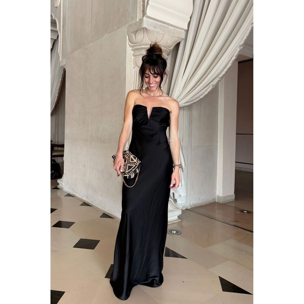 12th Tribe Valeria Black Strapless Satin Maxi Dress Size S